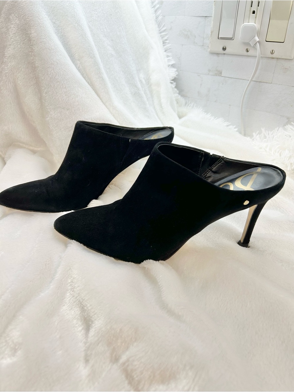 Sam Edelman Black Suede Pointed Toe Mule Heels Slip On Size 9.5